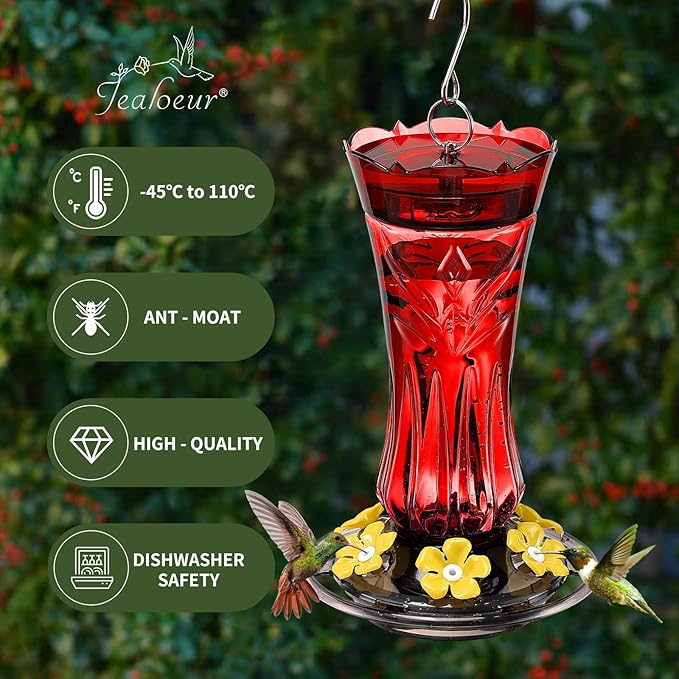 Hummingbird Feeders for Outdoors, Durable Hanging Humming Birds Feeders with 6 Bee Guard Feeding Ports & Built-in Ant Moat, Easy to Clean, Ideal for Garden Decor, 18 OZ, (1, Red)