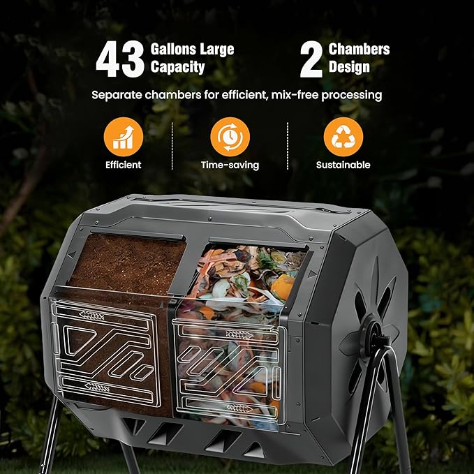 NEWBULIG Compost Bin Outdoor 43 Gallon, Dual Chamber Composter Tumbler Outdoor with Gloves, Efficient 360°Rotating Composting Bin for Patio, Lawn, Home Gardening and Landscape, Black