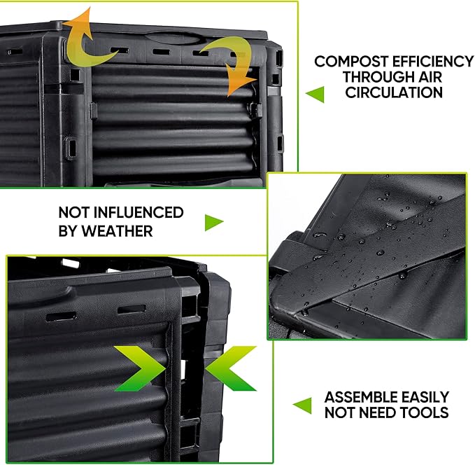 LEMY Garden Compost Bin, 80 Gallon Outdoor Composter Composting Box for Fast Creation of Fertile Soil, Large Capacity, Black