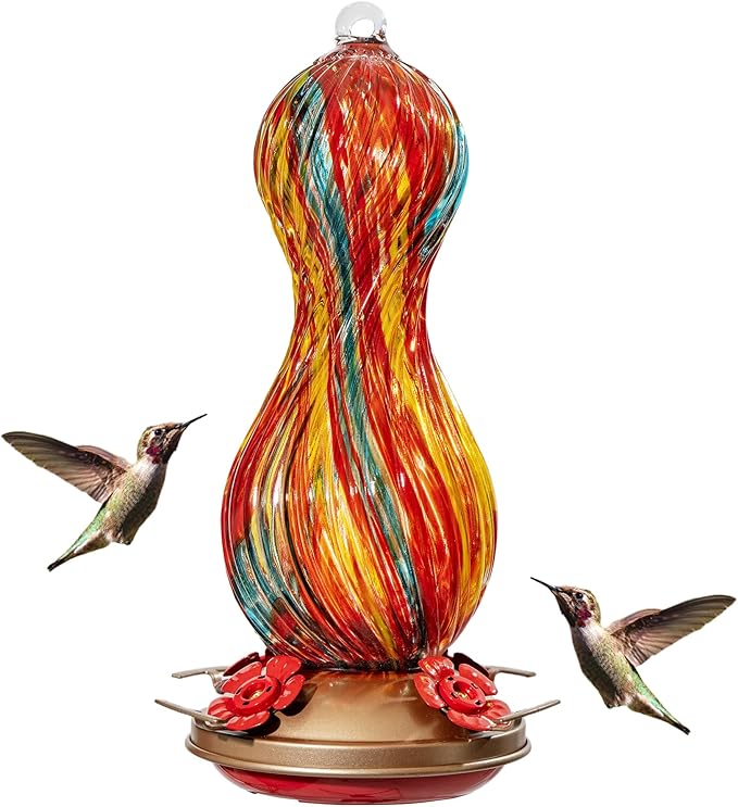 Hummingbird Feeder for Outdoors Hanging, Hand Blown Glass 24 OZ Capacity Hummingbird Bird Nectar Feeders with 4 Feeding Ports, Gifts for Women Mom Outside Garden Backyard Decor (Yellow-Green)