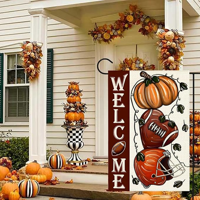 Thanksgiving Garden Flag 12x18 Inch Small Double Sided, Fall Pumpink Football Welcome Yard Outdoor Decorative Autumn Flag