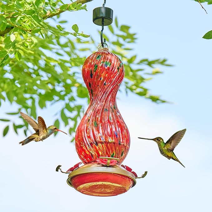 Hummingbird Feeder for Outdoors Hanging, Hand Blown Glass 24 OZ Capacity Hummingbird Bird Nectar Feeders with 4 Feeding Ports, Gifts for Women Mom Outside Garden Backyard Decor (Red-Green)