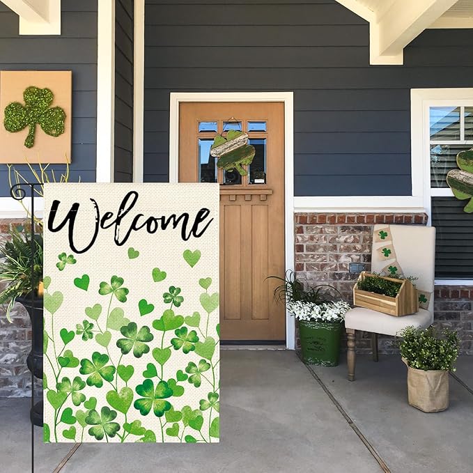 AVOIN colorlife St Patricks Day Welcome Garden Flag 12x18 Inch Double Sided Outside, Shamrocks Clovers Floral Yard Outdoor Decoration