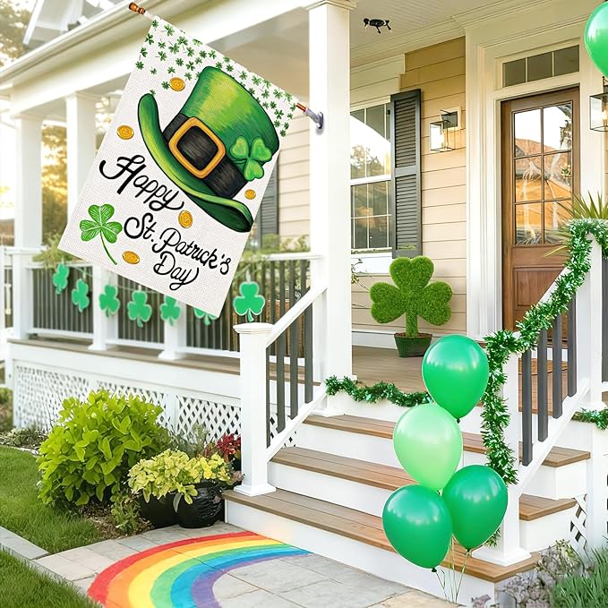 Happy St Patricks Day House Flag Burlap 28x40 Double Sided, Green Hat Shamrocks Lucky Clover Holiday Party Sign Large Flags Yard Outdoor Decorations DF660-28