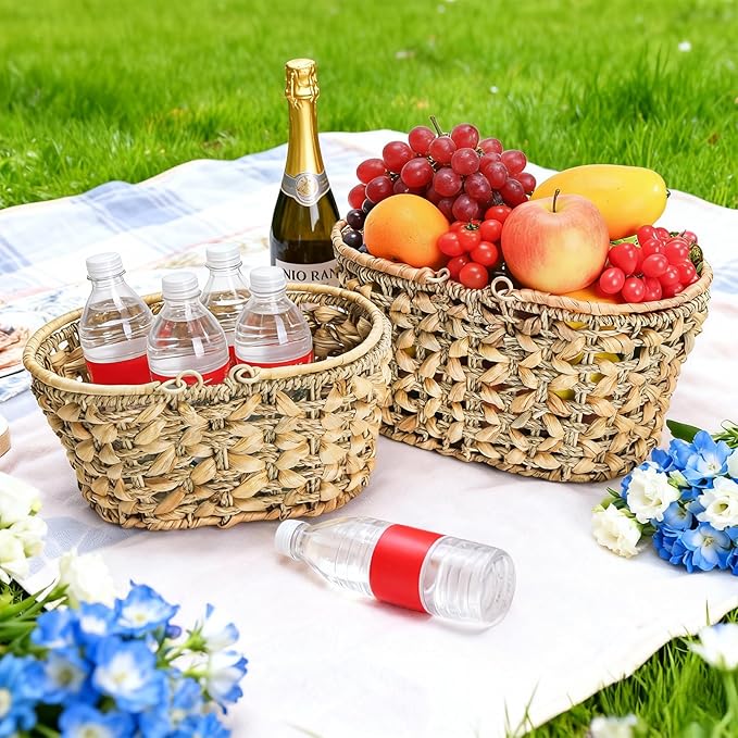 SOUJOY 2 Pack Wicker Picnic Basket with Handle, Natural Hand Woven Rattan Easter Baskets, 13" and 11" Nesting Gift Baskets for Outdoor, Camping, Garden, Wedding, Home Organization