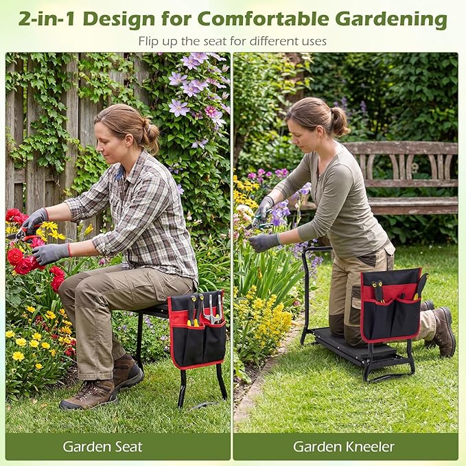 2-in-1 Garden Kneeler and Seat, Folding Garden Seat w/EVA Foam Kneeling Pad & Removable Tools Pouch, Sturdy Steel Frame, No Assembly, Portable Heavy Duty Garden Stool for Women Men Seniors