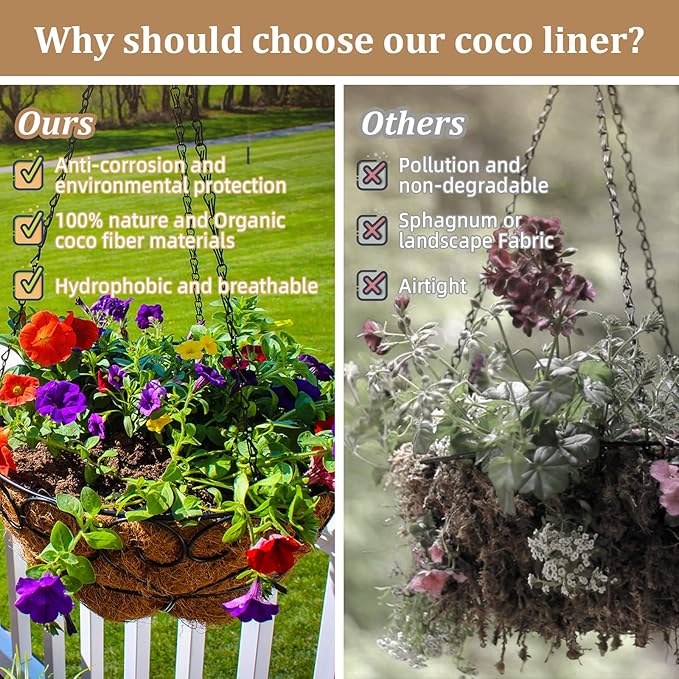 Legigo 4 Pack 10 Inch Hanging Basket Coco Liners Replacement, 100% Natural Round Coconut Coco Fiber Planter Basket Liners for Hanging Basket Flowers Vegetables
