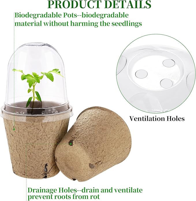 60 Set Plant Seeding Pots with Humidity Dome, 3 Inch Brown Biodegradable Seed Starter Pots, Plant Nursery Pots with Plant Labels for Seedlings, Garden Vegetable Germination