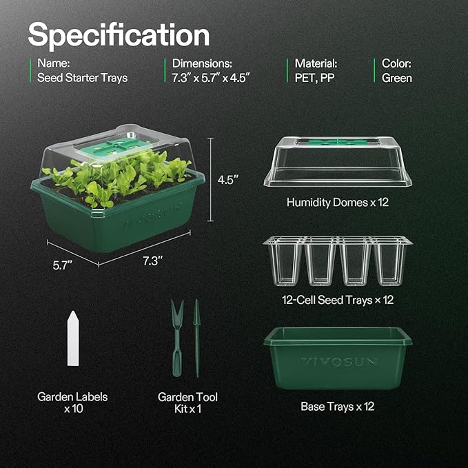 VIVOSUN 12-Pack Seed Starter Trays, 144-Cell Seed Starter Kit with Humidity Dome, Flat Reusable Plant Germination Trays with Drain Hole, Green Propagation Tray for Planting Seeds