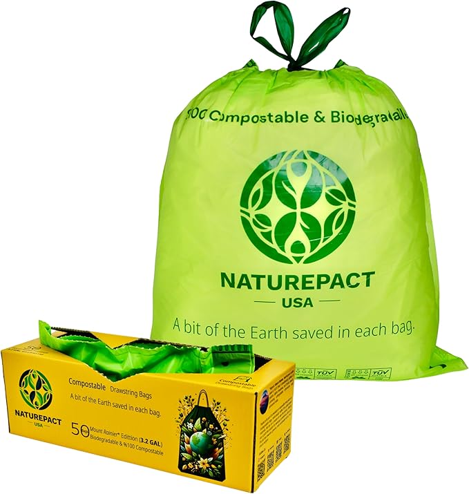 Extra Thick 1 MIL Compostable Trash Bags, Drawstring, 3.2 Gallon - Heavy Duty, Ultra Durable,Leak Proof, Kitchen Compost Bin Compatible, 50 Count