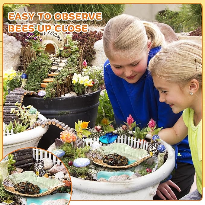 Butterfly Watering Station Outdoor Bee Feeder Watering Butterfly Puddler Stone with Mineral River Rock, Lawn Decoration Insects Ceramic Bowl, Bee Water Station Home Yard Garden