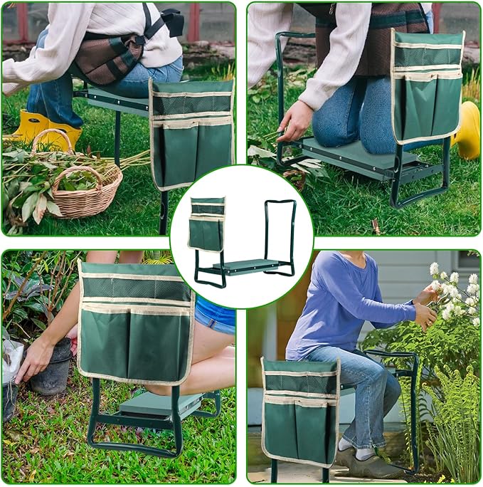Garden Kneeler and Seat, Portable Foldable Gardening Kneeling Bench Stool with Tool Pouch and EVA Foam Kneeling Pad, Gardening Gifts for Women, Men, Gardeners, Seniors