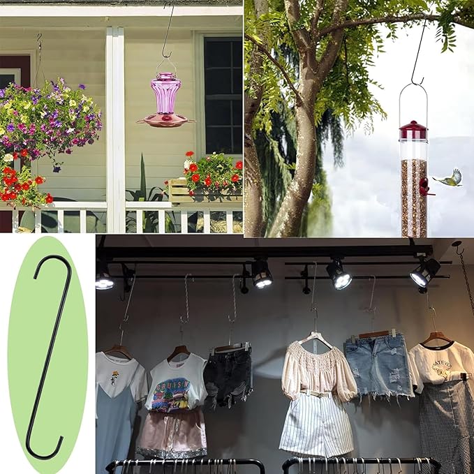 8 Pack S Hooks Heavy Duty 12 Inch Large S Shape Hooks for Hanging Plant Pots and Pans Steel Metal Hanger Hook Black Long S-Hook for Hanging Clothes, Plants, bird feeders, Garden Indoor Outdoor