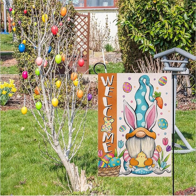 12x18 Inch Easter Garden Flag Double Sided, Bunny Gnomes Yard Flag for Outdoor Decoration