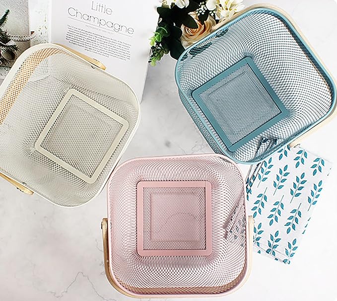 Cheardia 2 Pack Picnic Baskets, Metal Mesh Harvest Basket with Foldable Wooden Handle, Rectangle Garden Storage Basket Bin for Vegetable Fruit Garden Kitchen Cabinet Picking Gathering, Blue
