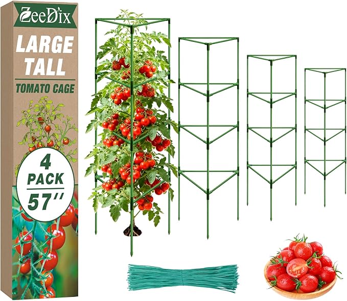 [Upgraded] ZeeDix 57 Inch Tall Tomato Cages for Garden, 4 Pack Large Plant Trellis Support Stakes for Climbing Plants, Heavy Duty Adjustable Tomatoes Cage for Pots, Raised Garden Bed Outdoor Supplies