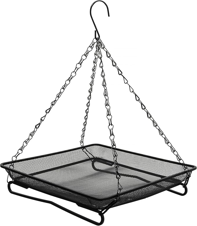 Ground and Hanging Bird Feeder Tray - Can Mount on Patio Handrail - Sturdy Black Metal Mesh Tray - for Wild Bird Seed Feeding - Complete with Re-usable Nylon Ties
