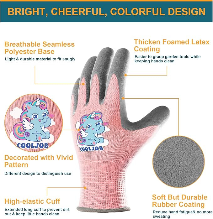 COOLJOB 3 Pairs Kids Gardening Gloves for Age 6-8, Children Toddler Girls Grippy Rubber Coated Work Gloves, Purple & Pink & Yellow (Little Beauty, Medium M)
