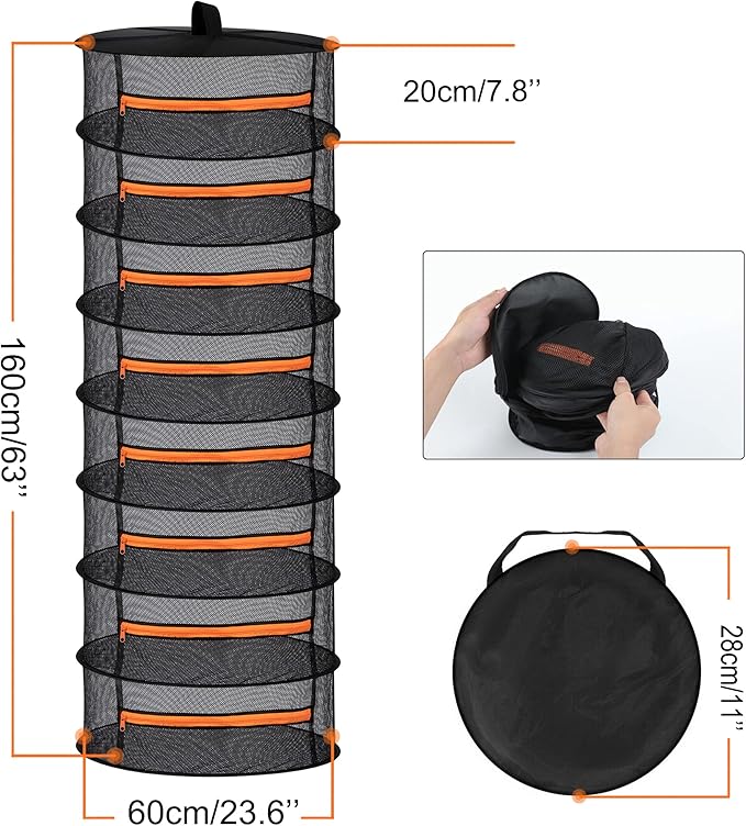 Desy & Feeci Herb Drying Rack-2ft Diameter 8 Layer Folding Mesh Hanging Basket Dryer Net with Zippers for Seeds Flowers Buds Plants Garden Outdoor Bumper Harvest(D24xH31 inch)