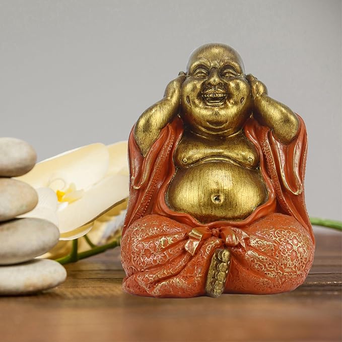 Laughing Buddha Statue - Gold Small Buddha Statues with Three Color Clothes for Home Decor (No See, No Speak, No Hear) - House Decor, Meditation & Feng Shui Gift (5.5 * 4.7 * 6.7") (Orange)