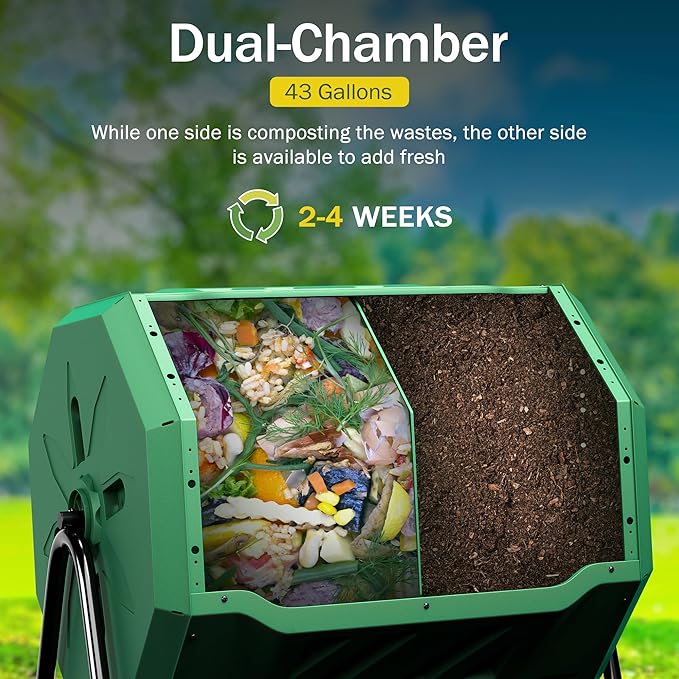 43 Gallon Large Dual Chamber Composting Tumbler Outdoor Garden Rotating Compost Bin Tumbling Composter with Sliding Door, Green