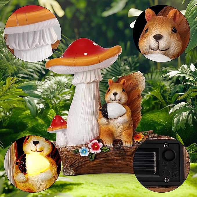 Solar Garden Statue Outdoor Decor, Squirrel & Mushroom Figurines with LED Lights, Yard Decorations for Patio, Balcony, Backyard, Lawn Ornaments, Unique Gift for Women, Mom, Grandma