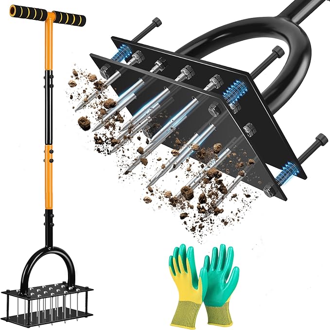 Lawn Aerator, Aerator Lawn Tool with 16 Spikes Spring Base and Gloves Pre-Assembled Manual Yard Aerator Tool Automatic Leaf and Dirt Cleaning for Yard Lawn Garden Aeration