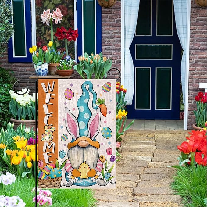 12x18 Inch Easter Garden Flag Double Sided, Bunny Gnomes Yard Flag for Outdoor Decoration