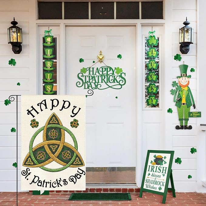 AVOIN colorlife Trinity Happy St Patricks Day Garden Flag 12x18 Inch Double Sided Outside, Shamrock Clover Welcome Yard Outdoor Decoration