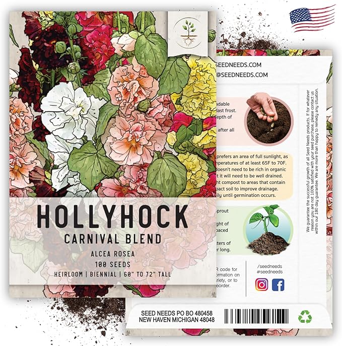 Seed Needs, Mixed Carnival Hollyhock Seeds - Heirloom Seeds for Planting Alcea rosea - Biennial Wildflower that Attracts Pollinators to the Garden (5 Packs)