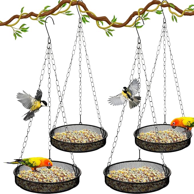 4 Pieces Hanging Bird Feeder Tray Platform Metal Mesh Feeder Seed Platform for Bird Feeding Outside Outdoors Wild House Hanging for Attracting Birds, Black(Round)