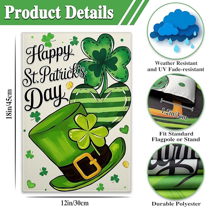Happy St Patrick'S Day Garden Flag 12×18 Double Sided Shamrocks Garden Flag Clover Hat Gold Coins Flag for Outside Yard House Lawn Outdoor Holiday Sign Decor