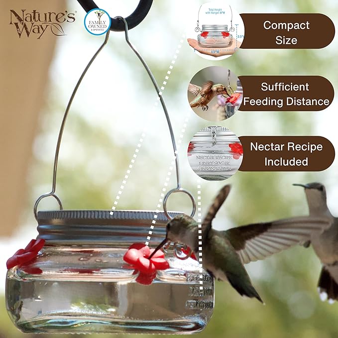 Nature’s Way Vintage Glass Jar Hanging Hummingbird Feeder, 6 oz Nectar Capacity, 4 Flexible Feeding Ports, Easy Clean Dish-Style Feeder for Outdoor Yard Décor, Clear