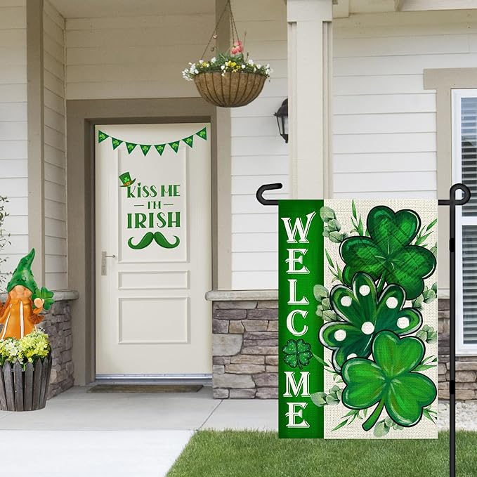 St Patricks Day Shamrocks Garden Flag 12x18 Inch, Double Sided Green Clovers Welcome Flag for Yard Outdoor Decoration