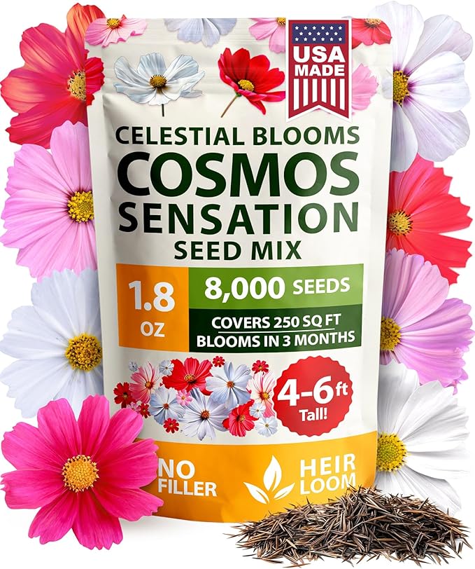 HOME GROWN Cosmos Flower Seeds Bulk Pack for 2026 (1.8 oz) 8,000+ Heirloom Annual Wildflower Seeds Pollinator-Friendly Mix for Pollinators & Outdoor Gardens (Cosmos bipinnatus)