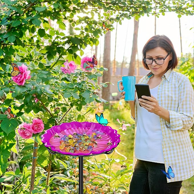 Bee Butterflies Watering Station, Standing Bee Feeder with Glass Marbles for Outside, Bee Bath Feeder with Metal Stakes Butterfly Puddler Garden Yard Déco (Rose)