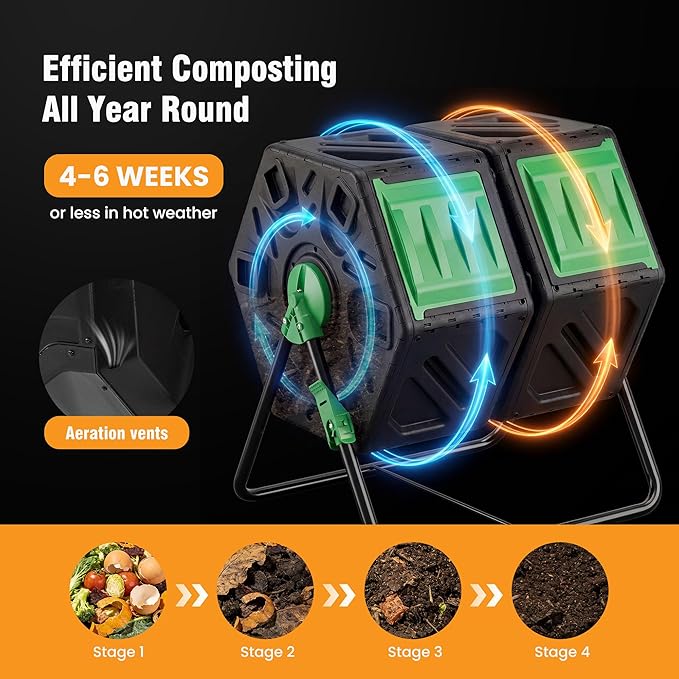 NEWBULIG Compost Bin Outdoor 37 Gallon, Separated Dual Chamber Composter Tumbler Outdoor with Gloves, Efficient 360°Rotating Composting Bin for Patio, Lawn, Home Gardening and Landscape, Black
