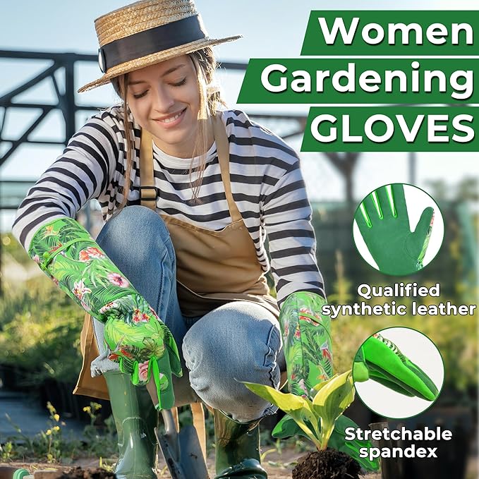 HANDLANDY Women Gardening Gloves, Scratch Resistant Breathable Ladies Rose Pruning Long Gauntlet Floral Print Garden Yard Gloves, Gift for Gardeners (Grass Green, S)