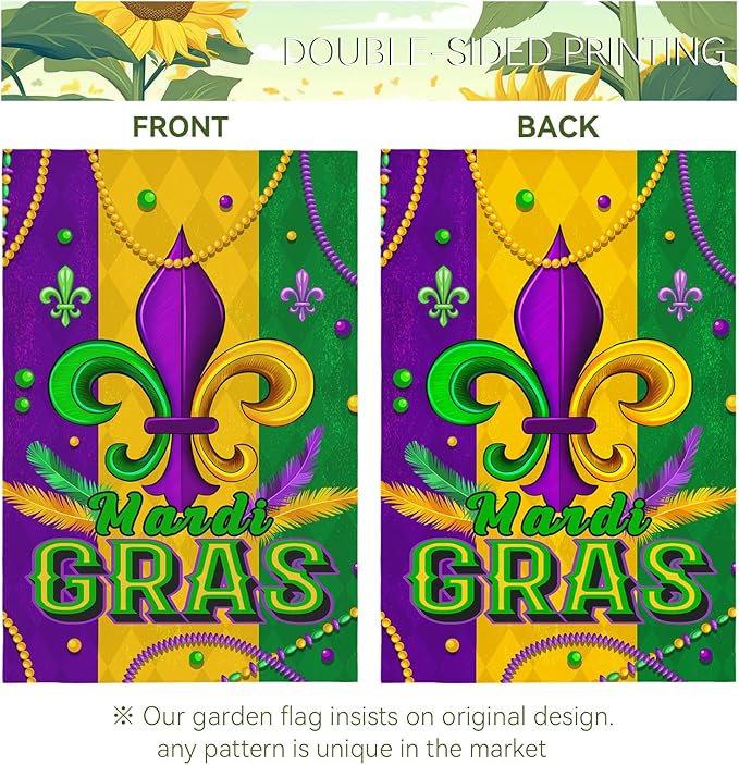 Mardi Gras Garden Flag 12x18 Inch Double Sided Fleur de Lis Yard Flags for Outside Decoration Carnival Beads New Orleans Small Flags for Garden Outdoor