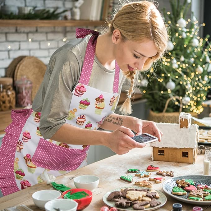 G2PLUS Apron for Women with Pockets, Extra Long Ties Cotton Apron Perfect for Kitchen Cooking, Baking and Gardening (Mama and Me Set)