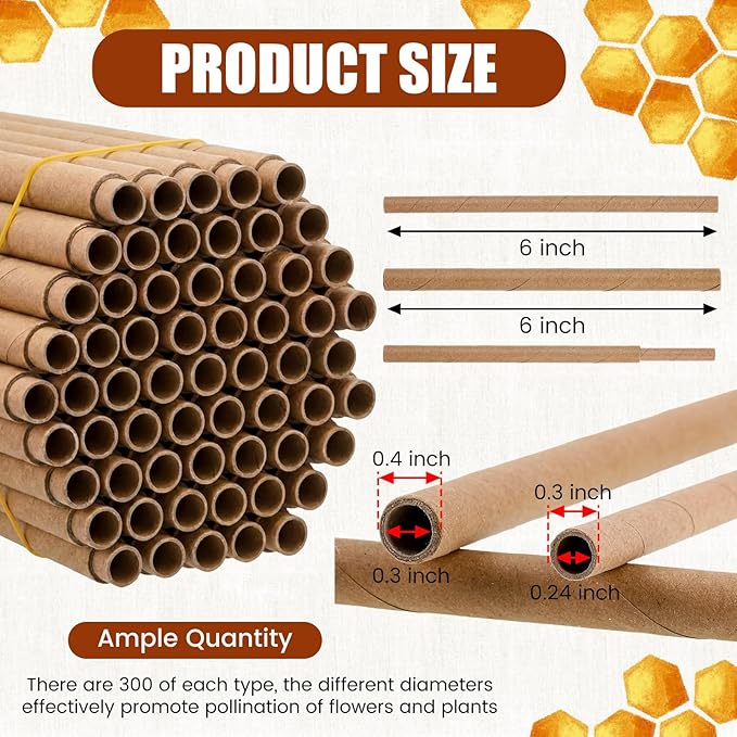 BreezeHug 600 Pcs Mason Beehive Tubes 6 Inch Long Cardboard Beehive Nesting Tubes Nesting Paper Inserts 0.24/0.3" Inner Diameter for Outdoor Beekeeper's Garden House Hotel Condo Nest Accessory