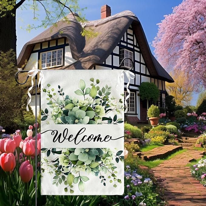 Spring Summer Welcome Garden Flags 12x18 Inch Double Sided Green Eucalyptus Leaves Floral Garden flag Seasonal Yard Flags for Outside Decorations Banner for Outdoor Farmhouse Yard