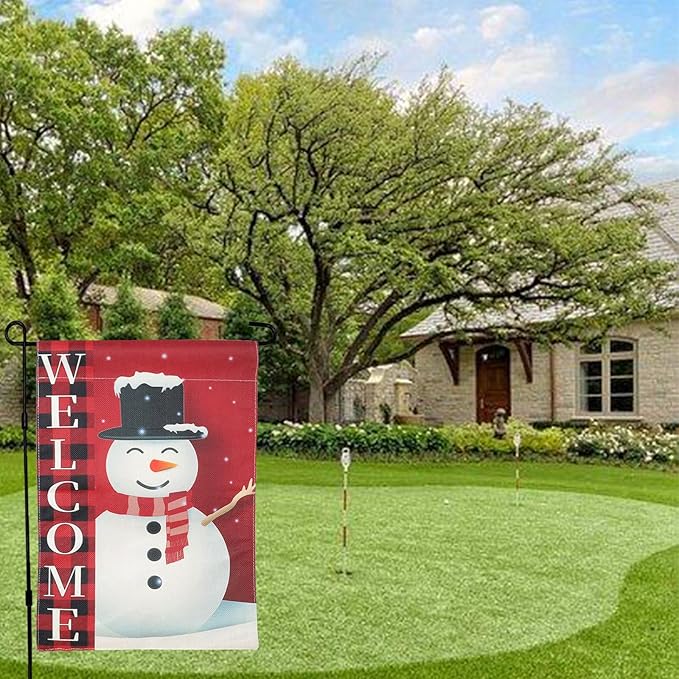 Christmas Garden Flag Decorations,12 * 18in Double Sided Snowman in Buffalo Plaid Scarf with "WELCOME" Sign Decor for Porch Yard Outdoor Holiday Festive Home Welcome