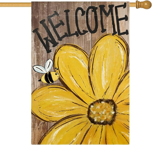 AVOIN colorlife Bee Sunflower Spring Summer House Flag 28x40 Inch Double Sided Outside, Welcome Wood Grain Yard Outdoor Flag