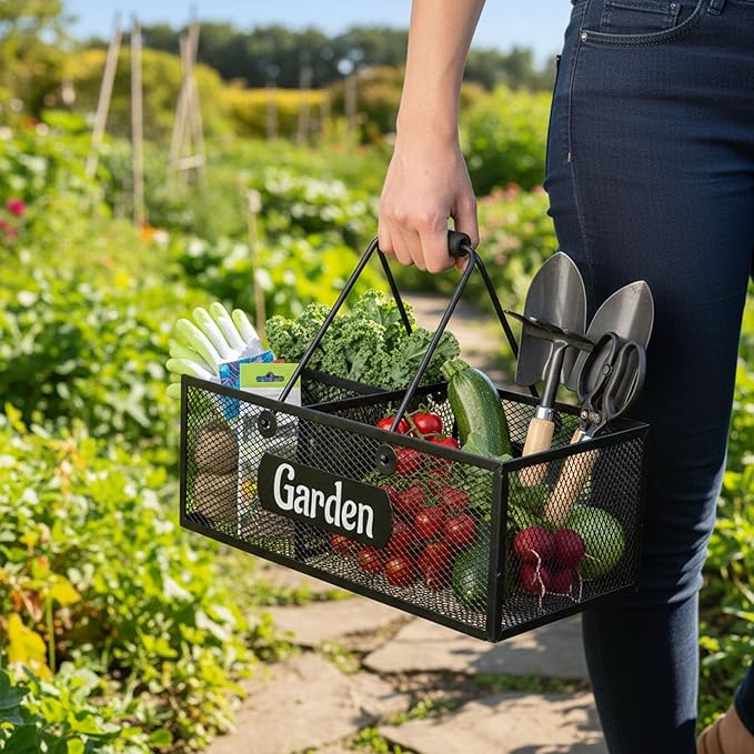 Garden Tool Storage, 4 Compartments Metal Mesh Garden Caddy, Portable Garden Basket with Handles, Gardening Tool Organizer for Indoor and Outdoor, Gardener Gift for Gardening Lovers, Black