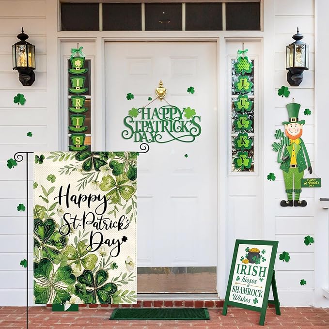 AVOIN colorlife Happy St Patricks Day Floral Garden Flag 12x18 Inch Double Sided Outside, Shamrock Lucky Clover Holiday Yard Outdoor Flag