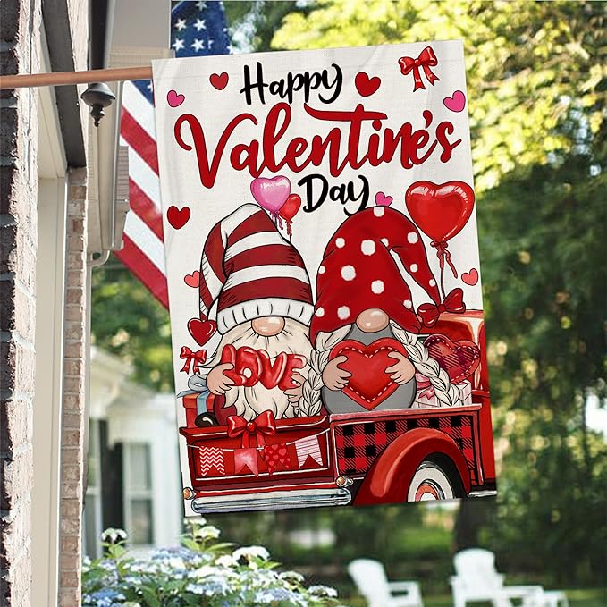 Valentines Gnomes House Flag, Happy Valentines Gnomes Outdoor Decor Gnomes Truck Flag 28x40 Double Sided Red, Valentine Decorations Burlap Flags Rustic Welcome Love Outdoor