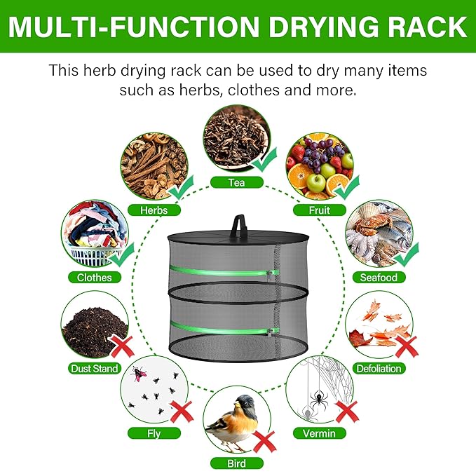 YSSOA Herb Drying Rack Hanging 2 Layer 24'' with Zipper & Hook, Dry Mesh Folding Basket Dryer for Plants, Herbs, Seeds and Buds in Grow Tent, Closet, Hydroponics, Garden Outdoor, New