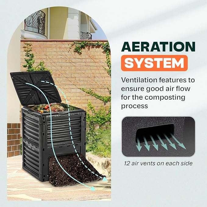 Idzo 80 Gallons Capacity Garden Compost Bin Outdoor, High-Density Polyethylene Outdoor Composter Bin with Efficient Aeration System for Quick Composting, Space-Saving