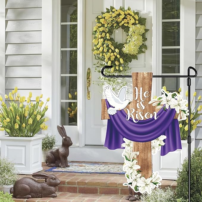 He is Risen Easter Garden Flag Banner Outdoor Decorations for Outside Double-Sided Printed, Cross Rise Christian Jesus Lily Flowers Bunting Yard Flags House Yard Spring Seasonal Decoration